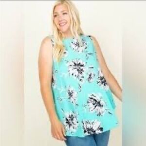 Emerald Plus Size Bright Mint Green Floral Print Flowy Tunic Tank Top